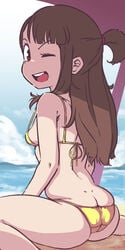 1girls akko_kagari ass atsuko_kagari back back_view beach bikini bikini_top breasts brown_hair butt_crack chubby chubby_female cloud clouds colored dimples_of_venus eyelashes female female_only hairband kagari_atsuko little_witch_academia long_hair looking_at_viewer looking_back ocean one_eye_closed open_mouth orenji red_eyes sand sideboob sitting sky small_breasts solo solo_focus swimsuit water wink yellow_bikini yellow_swimsuit