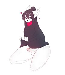 balls black_eyes black_hair bottomless clothed clothing domestic_cat felid feline felis fur girly hair heart kneeling long_hair looking_at_viewer male mammal mercy_(suelix) penis ponytail simple_background solo solo_male suelix sweater thick_thighs turtleneck white_background white_fur