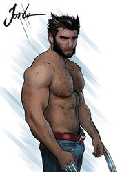 1boy 2015 abs bara beard belt black_hair body_hair buckle chest_hair claws dark_skin eyes facial_hair green_eyes hairy hairy_male james_howlett jeans jorden_arts logan_(x-men) male male_nipples male_only manly marvel marvel_comics mature_male muscles muscular_male mutant partially_clothed pecs shirtless sideburns solo superhero topless wolverine_(x-men) x-men yaoi