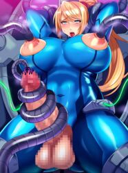 areola arms_up blonde_hair blue_eyes bodysuit censored futa_only futa_urethral_insertion futanari huge_breasts huge_cock intersex metroid milking nintendo nipple_penetration nipples sakusaku sakusaku_(sakusakucrab) samus_aran tagme urethral_insertion urethral_penetration zero_suit zero_suit_samus