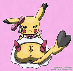 1girls adcockarts anus ass black_eyes bottomless clothed clothing cosplay_pikachu dress eyelashes female female_only feral furry nintendo no_panties no_underwear on_back pikachu pikachu_pop_star pink_background pokémon_(species) pokemon pokemon_oras pokemon_rgby presenting presenting_pussy pussy ribbon rodent shoes shortstack solo tail text thick_thighs url video_games watermark wide_hips