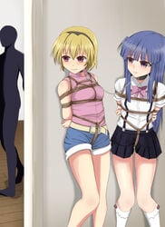 07th_expansion 2girls blonde_hair blue_hair blue_skirt blush bound chains femto(artist) furude_rika hairband hands_behind_back higurashi_no_naku_koro_ni houjou_satoko long_hair multiple_girls purple_eyes shirt shorts skirt socks standing white_shirt white_socks