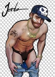 1boy abs bandaid baseball_cap bent_over briefs chav fence gold_chain hairy human jewelry jorden_arts looking_at_viewer male male_only muscles pubic_hair removing_pants ripped_clothing six_pack solo stubble tattoo text underwear