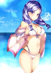 bikini blue_sky breasts cleavage closed_mouth cloud day female fire_emblem fire_emblem:_path_of_radiance fire_emblem:_radiant_dawn high_resolution ilyana_(fire_emblem) long_hair low-tied_long_hair medium_breasts navel nintendo outdoors purple_eyes purple_hair sky solo swimsuit tea_texiamato tied_hair very_high_resolution water white_bikini white_swimsuit