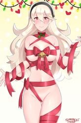 alluring bell bells blush bow breasts censored christmas christmas_lights christmas_outfit christmas_present convenient_censoring corrin_(fire_emblem) corrin_(fire_emblem)_(female) elf female fire_emblem fire_emblem_fates fire_emblem_heroes gift hair_between_eyes hair_ornament hairband hat high_resolution large_breasts long_hair mamkute mistletoe mistletoe_in_cleavage naked_ribbon navel nintendo pointed_ears red_eyes red_ribbon ribbon santa_hat sarukaiwolf silver_hair smile solo thighs white_hair