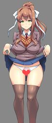 1girls breasts brown_hair censored censored_penis curvy curvy_female curvy_figure cute doki_doki_literature_club eye_contact female green_eyes hair_ribbon heart_censor long_hair looking_at_viewer monika_(doki_doki_literature_club) pale-skinned_female pale_skin panties pantyshot pantyshot_(standing) ponytail skirt skirt_lift smile smiling smiling_at_viewer sole_gem thick_thighs thigh_gap thighhighs thighs underwear white_panties