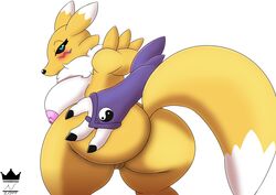 2019 anthro ass big_breasts big_butt blue_eyes blush breasts canid canine clothing digimon digimon_(species) female fur hi_res huge_breasts looking_at_viewer mammal nipples nude pussy renamon shaded simple_background smile solo thick_thighs tuft video_games wide_hips yellow_fur zieis