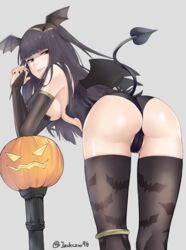 1girls animal_print ass bangs bat_print bat_wings bent_over black_eyes black_gloves black_hair black_legwear black_nails blunt_bangs breasts bridal_gauntlets cameltoe costume demon demon_tail demon_wings elbow_gloves female fire_emblem fire_emblem_awakening from_behind gloves halloween hands_together head_wings high_resolution interlocked_fingers j@ck jack-o'-lantern long_hair looking_back matching_hair/eyes medium_breasts nail_polish nintendo parted_lips pumpkin pussy sideboob smile solo succubus succubus_tail succubus_wings tail tharja_(fire_emblem) thighhighs thighlet thong twitter_username wings