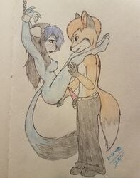 ass black_fur black_hair blue_fur blue_hair bondage breasts drawing dripping feline fingering fox furry fursona legs_up nude oc orange_fox orange_fur orange_hair original_character penetration penis pussy stretching thick_tail thick_thighs