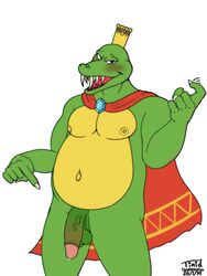 2019 anthro armor balls blush cape claws clothed clothing crocodilian crown diamond_(disambiguation) donkey_kong_(series) k_rool looking_at_viewer male male_focus male_only musclegut muscular muscular_male nintendo nipples nude open_mouth overweight overweight_male penis reptile scalie simple_background smile solo teeth timidwithapen tongue video_games