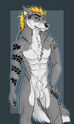 2018 5_fingers animal_genitalia anthro balls black_nose blonde_hair canid canine canis chest_tuft claws fangs fully_sheathed fur green_eyes grey_fur hair hand_on_hip hi_res looking_at_viewer male male_only mammal muscular muscular_male nude patrikthedog pecs pinup pose shadowweasel sheath simple_background smile solo standing tattoo tuft white_fur wolf