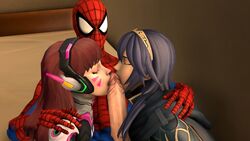 1boy 2girls 3d blizzard_entertainment collaborative_fellatio cowman crossover d.va eastern_and_western_character fellatio female fire_emblem fire_emblem_awakening headphones huge_cock lucina_(fire_emblem) male marvel marvel_comics nintendo oral overwatch penis peter_parker spider-man straight_hair teamwork threesome whisker_markings