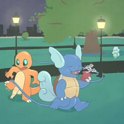 2019 3_toes 3boys 4_fingers anthro argon_vile balls blue_body building charmander claws closed_eyes eating flaccid front_view grass group hi_res hyper_foreskin long_foreskin male motion_lines night nintendo nude open_mouth orange_body oshawott outside penis pokemon pokemon_(species) raised_leg sound_effects standing street_lamp surprise toes tree uncut video_games walking wartortle