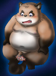 2010 anthro belly blue_eyes blush brown_fur canid canine dekatanu earth fur humanoid_hands macro male male_only mammal moobs navel nipples overweight overweight_male penis raccoon_dog sitting solo space tanuki teeth young