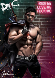 1boy abs bara belt biceps black_gloves black_hair black_jeans black_pants blue_eyes bottomwear brick_wall bulge dante dante_(dmc:_devil_may_cry) devil_may_cry dmc_devil_may_cry facial_hair fingerless_gloves gloves human human_only jacket jacket_removed jorden_arts latex_gloves leather_jacket looking_at_viewer male male_chest male_focus male_only muscle muscles muscular muscular_male necklace neon_lights nipples outdoors pants pecs pectorals six_pack solo solo_focus solo_male standing sword video_games