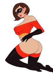 absurdres ass big_ass big_lips blue_eyes blush bottomless breasts brown_hair crop_top dat_ass disney domino_mask elastigirl elbow_gloves feet female female_only gloves hand_on_hip helen_parr highres human kneeling large_breasts lipstick mask milf nipple_bulge nonesaint off_shoulder pixar red_lipstick short_hair side_view smooth_skin solo the_incredibles thighhighs white_background