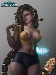 2d amber_eyes arms_up artist_name artist_signature breasts casual cleavage curvaceous curvy dark-skinned_female dark_nipples dark_skin dreadlocks earrings female glowing_hands hairband ice imani_(paladins) jewelry long_hair midriff paladins patreon shorts thighs video_games vocox