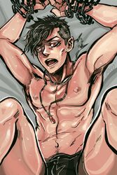 1boy abs black_hair leg_spread looking_at_viewer male_only muscles nipples open_mouth p-ro red_eyes sweat tied_up underwear