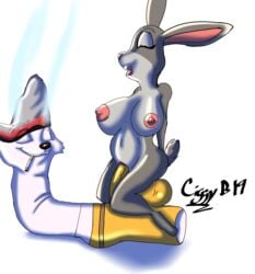 2019 animate_inanimate anthro balls big_breasts blush breasts buckteeth canid canine cigarette ciggybunny czyhyena disney duo erection female fox girl_on_top hi_res hyper judy_hopps lagomorph large_breasts male mammal nick_wilde nipples nude penetration penis pussy rabbit sex simple_background smile smoke smoking straight teeth transformation what white_background zootopia