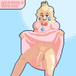 1futa blonde_hair blue_background blue_eyes blush clothed clothing dickgirl dress dress_lift flaccid futa_only futanari hard_pixels intersex lifted_by_self long_hair mario_(series) nihiloevie nintendo no_panties penis pink_dress princess_peach pubic_hair simple_background smile solo standing testicles