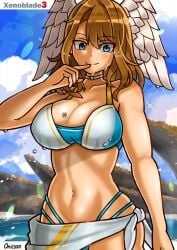 1girls angel_wings beach big_breasts blue_bikini blue_eyes brown_hair busty cleavage eunie_(xenoblade) female female_only large_breasts legs looking_at_viewer navel ocean oniisan02b sarong short_hair smile solo swimsuit thighs thong_bikini voluptuous water xenoblade_(series) xenoblade_chronicles_3