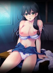 breasts_out brown_eyes cameltoe clothes_down clothes_pile dark_hair eroit hair_ribbon large_breasts long_hair musume_no_mirai sitting_down tagme