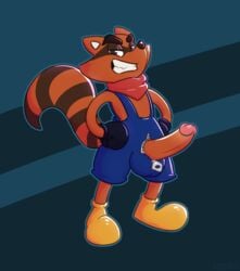 2019 anthro balls brown_fur capcom clothed clothing erection fur heddy humanoid_hands humanoid_penis male male_only mammal mr._raccoon penis procyonid raccoon resident_evil simple_background solo teeth video_games