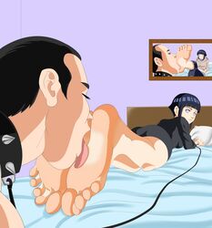 always-under-feet bed belt feet female femdom foot_fetish foot_focus foot_lick foot_worship hyuuga_hinata looking_back male naruto naruto_(classic) short_hair slave soles toes tongue tongue_out