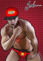 baseball_cap chav jorden_arts lego looking_at_viewer male male_only muscle necklace red red_underwear underwear underwear_pull