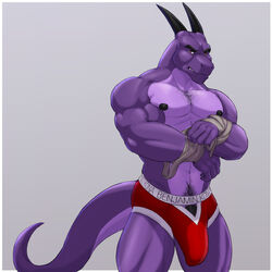 anthro benjamin_kona_(character) body_hair bulge chest_hair clothed clothing designer_underwear dragon dream_and_nightmare erection erection_under_clothes hand_wraps horn male male_focus male_only muscular muscular_male nipples partially_clothed penis penis_base pubes purple_skin solo underwear wraps