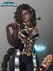 2d amber_eyes armor arms_up artist_name artist_signature breasts cleavage corset dark-skinned_female dark_skin dreadlocks earrings female glowing_hands hairband ice imani_(paladins) jewelry long_hair paladins patreon thighs video_games vocox