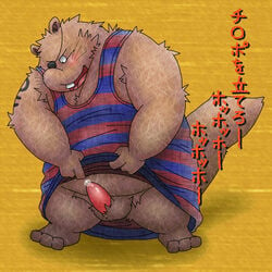 2011 anthro blush clothing erection ganba_no_bouken japanese_text male male_only mammal mumimushu5 overweight overweight_male penis rat rodent shirt simple_background solo text yoisho