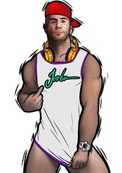 backwards_baseball_cap bandaid baseball_cap black_eye character_request chav covering_crotch headphones jorden_arts logo male male_only muscular pinup pointing solo solo_male stubble watch