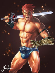 1boy anthro bara bulge glove humanoid jorden_arts leo_(thundercats) lion male male_only muscles muscular muscular_male partially_clothed shirtless sideburns solo sword thundercats underwear