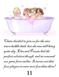 4girls anna_(frozen) auburn_hair bath bathtub blonde_hair blush brown_hair bubble_bath countess_claire disney disney_princess elsa_(frozen) female frozen_(film) human imminent_sex multiple_girls nude rapunzel rosy_cheeks short_hair sisters smile soft_color soft_shading tangled wantstobuildasnowman yuri