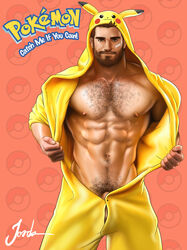 1boy abs beard body_hair costume dick_root facial_hair green_eyes hairy_chest human jorden_arts male male_nipples male_only male_pubic_hair manly muscles muscular_male mustache nintendo onesie pecs penis penis_peek pikachu pikachu_(cosplay) pokémon pokemon pokemon_(cosplay) revealing_chest solo undressing yellow