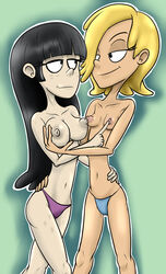 2girls black_hair blonde_hair blue_panties breasts female female_only functionally_nude huge_breasts long_hair maggie maggie_(the_loud_house) medium_hair multiple_girls nipples nude pantsu purple_panties small_breasts straight_hair the_loud_house