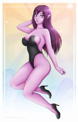 breasts cleavage elf female female_only high_heels long_hair looking_at_viewer pinup pointy_ears purple_hair shadako26 solo