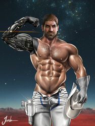 1boy 2018 abs bionic_arm bulge chest_hair cowboy_hat facial_hair galaxy_rangers gun human human_only jorden_arts male male_only muscles muscular muscular_male partially_clothed patreon penis pubic_hair science_fiction shirtless solo stubble the_adventures_of_the_galaxy_rangers zachary_foxx