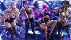 4girls absurd_res ahri akali alternate_breast_size alternate_costume big_breasts breasts cleavage evelynn female female_only fox_ears high_heels hourglass_figure huge_breasts k/da_ahri k/da_akali k/da_evelynn k/da_kai'sa k/da_series kai'sa large_breasts league_of_legends looking_at_viewer looking_over_eyewear looking_over_glasses multiple_girls panties pink-tinted_eyewear pinup sakimichan strapless strapless_leotard sunglasses thick_thighs thighhighs tinted_eyewear wallpaper