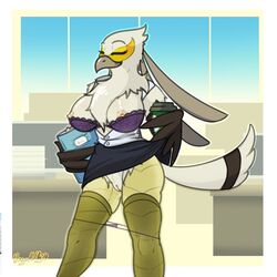 aggressive_retsuko anthro avian beak bird bra breasts closed_eyes clothed clothing female inside nipples non-mammal_breasts office_lady panties panties_down pussy sanrio secretary_bird secretary_washimi solo standing straight_hair underwear washimi wingedwilly