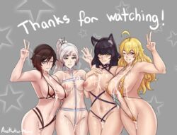 4girls abs absurdres aestheticc-meme after_sex areolae armpits big_breasts blake_belladonna breasts cum cum_drip cum_in_pussy cum_on_breasts cum_on_face cum_on_hair eye_contact faunus female female_only half-closed_eyes highres human large_breasts looking_at_viewer multiple_girls nipples pussy ruby_rose rwby sling_bikini team_rwby text thick_thighs v watermark weiss_schnee wide_hips yang_xiao_long