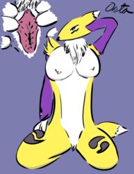 big_breasts breasts digimon digimon_(species) female fur ortadragon pussy renamon simple_background solo spreading yellow_fur