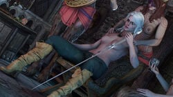 3d 4girls areolae breasts brown_hair cd_projekt_red ciri demon_girl demon_horns green_eyes hand_on_shoulder hooves horns mask nipples on_chair partially_clothed scar sitting succubus succubus_(the_witcher) tattoo the_witcher_(series) the_witcher_2 the_witcher_3:_wild_hunt venomous_sausage white_hair