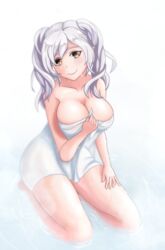 blush female fire_emblem fire_emblem_awakening hot_spring medium_breasts medium_hair onsen robin_(fire_emblem) robin_(fire_emblem)_(female) smile solo towel twintails white_hair yan_kodiac yellow_eyes