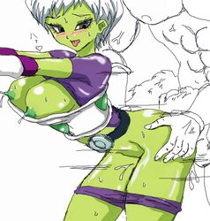 1girls alien alien_girl armor battle_armor blush breasts broly cheelai clothed clothing dragon_ball dragon_ball_super elastic_armor erect_nipples female green_skin humanoid interspecies kei_(pixiv618819) lactation male muscular muscular_male nipples open_mouth short_hair shorts tongue tongue_out wet white_hair