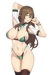 armpits big_breasts bikini bra breasts brown_haired_glasses_elf_(houtengeki) cleavage elf female female_only glasses hands_behind_head high_leg_thong houtengeki large_breasts panties solo thighhighs