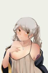 camisole coat female fire_emblem fire_emblem_awakening grey_hair kyo-usa kyousa38 medium_breasts necklace partially_clothed ponytail robin_(fire_emblem) robin_(fire_emblem)_(female) smile solo strap_slip yellow_eyes