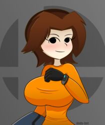 1girls black_gloves blush breasts brown_hair dodo-bot female female_only gloves huge_breasts human large_breasts long_sleeves looking_at_viewer mii mii_gunner mii_gunner_(smash_4) mob_face nintendo shirt shoulder_length_hair solo super_smash_bros. super_smash_bros._for_nintendo_3ds_and_wii_u