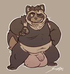 2016 anthro balls belly big_balls canid canine clothing donryu flaccid humanoid_hands male male_only mammal navel one_eye_closed overweight overweight_male penis raccoon_dog shirt simple_background solo tanuki wink